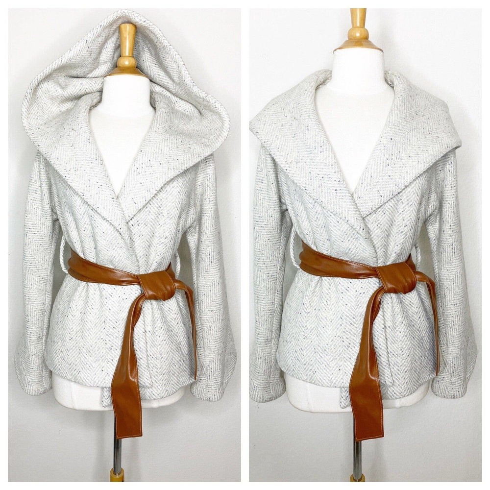 Smythe Cream Herringbone Leather Belted Wool Kimono Wrap Coat Sz 6